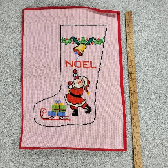 VTG Completed Needlepoint Christmas Stocking Kit Pink Wool Noel Santa Holiday